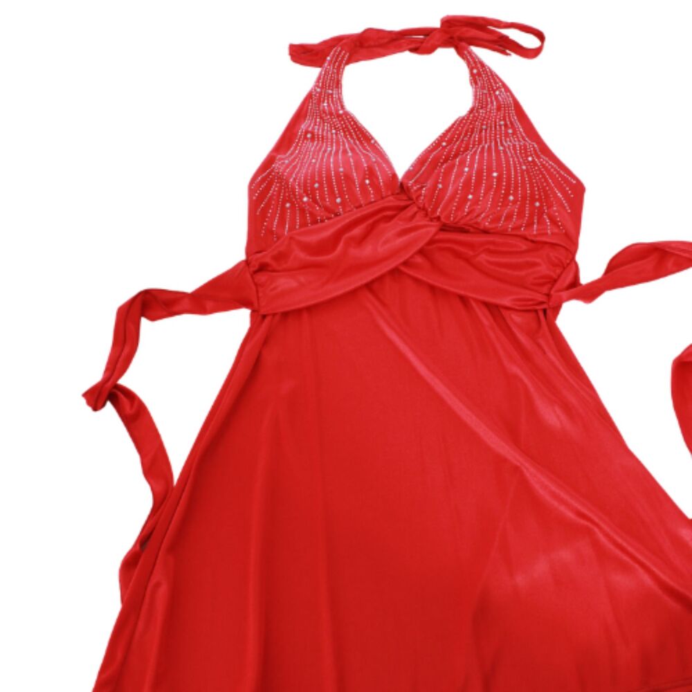 La Scala Red Rhinestone Halter Mini Dress S Stretchy Satin Going Out Party
